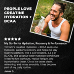 Person holding a water bottle with promotional text about creatine hydration and BCAA