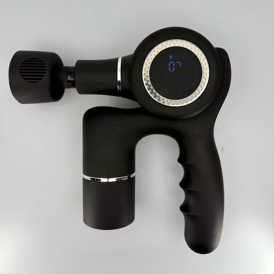 Black handheld massage gun on a white background
