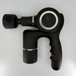 Black handheld massage gun on a white background