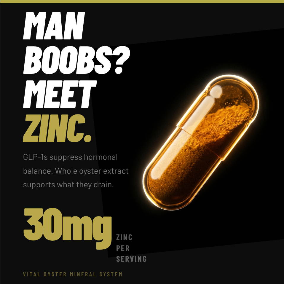 Capsule with a dark filling, promoting zinc supplement for men's health.