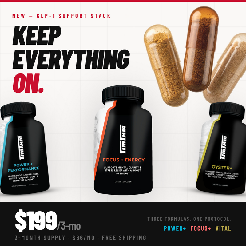 Supplement products with bottles and capsules, featuring text about GLP-1 support