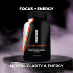 Supplement bottle labeled 'Focus + Energy' on a dark background