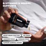 Person pouring supplements from a black container labeled 'TITAN' onto a palm, with text highlighting product benefits.