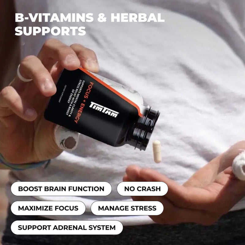 Person pouring supplements from a black container labeled 'TITAN' onto a palm, with text highlighting product benefits.