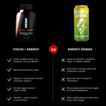 Comparison chart between a supplement bottle labeled 'Focus + Energy' and an energy drink can on a black background.