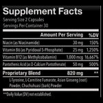Supplement facts label with detailed nutritional information on a black background
