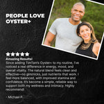 Advertisement for TimTam's Oyster+ with a couple smiling outdoors and customer review text.