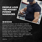 Person using a pocket power massager with text about its benefits on a dark background