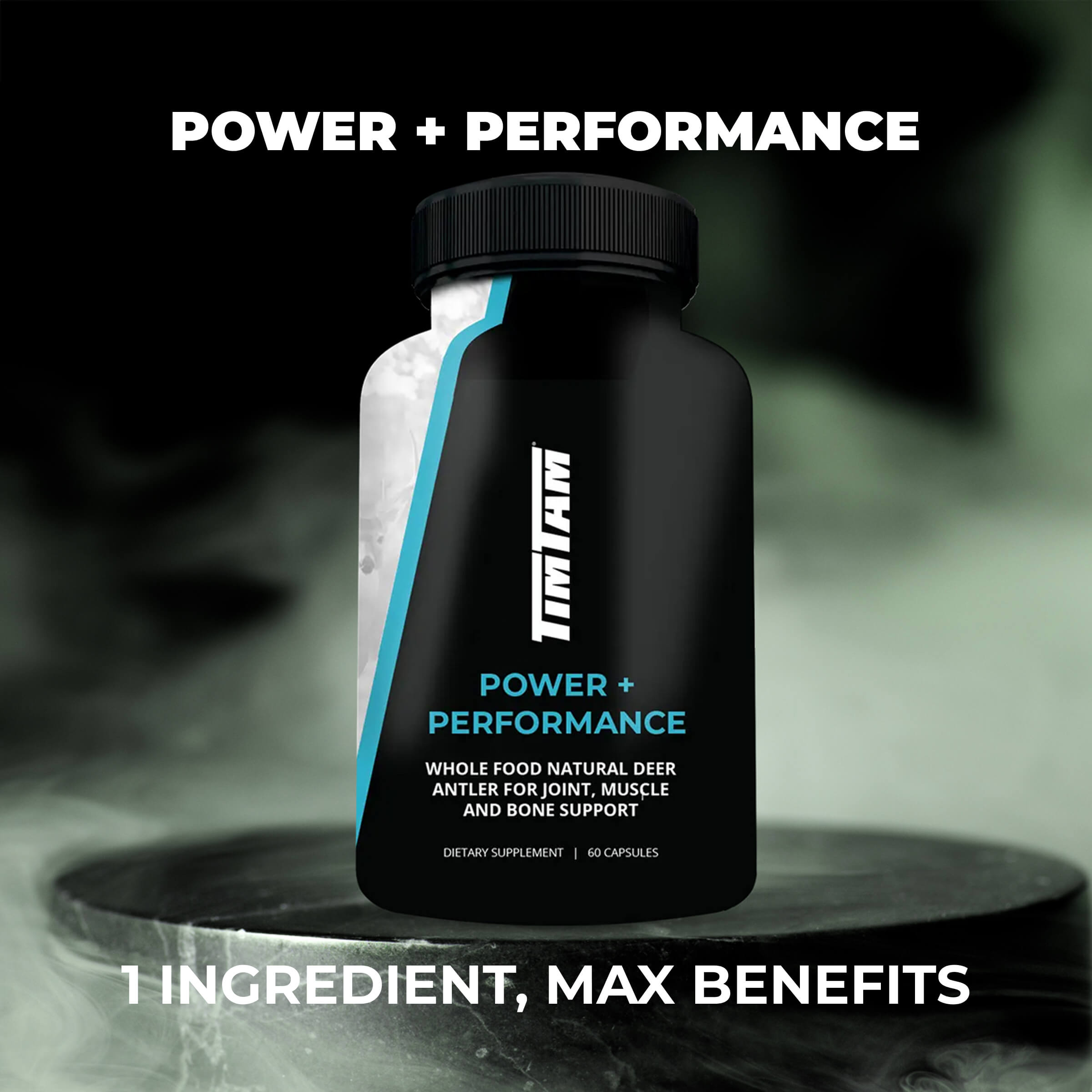 Black supplement bottle labeled 'Power + Performance' on a dark background