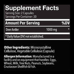 Supplement facts label with deer antler content on a black background