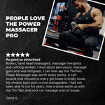 Person using a massage gun with text about product satisfaction on a dark background