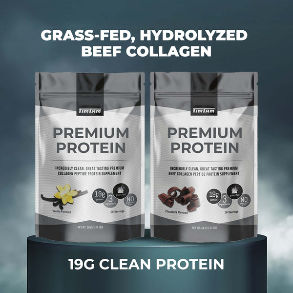 Two packages of premium protein with grass-fed, hydrolyzed beef collagen on a dark background.