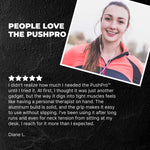 Product review of the PushPro with a person wearing earbuds and a jacket, on a black background.